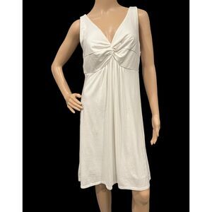 Ann Taylor LOFT White Summer V Neck Jersey Knit Midi Shift Dress Lined Sz L